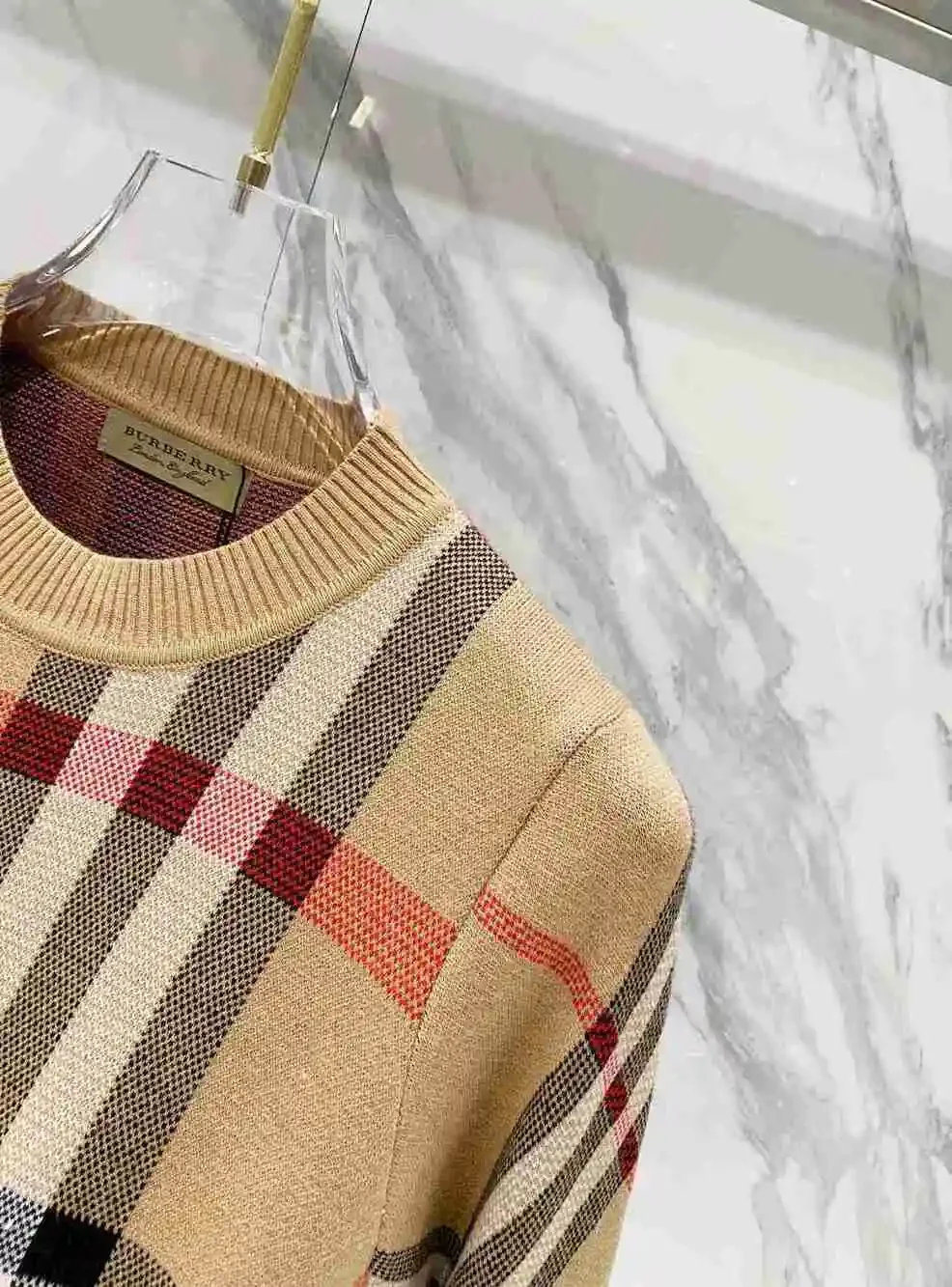 Burberry Beige Vintage Check Crew Neck Knit Sweater